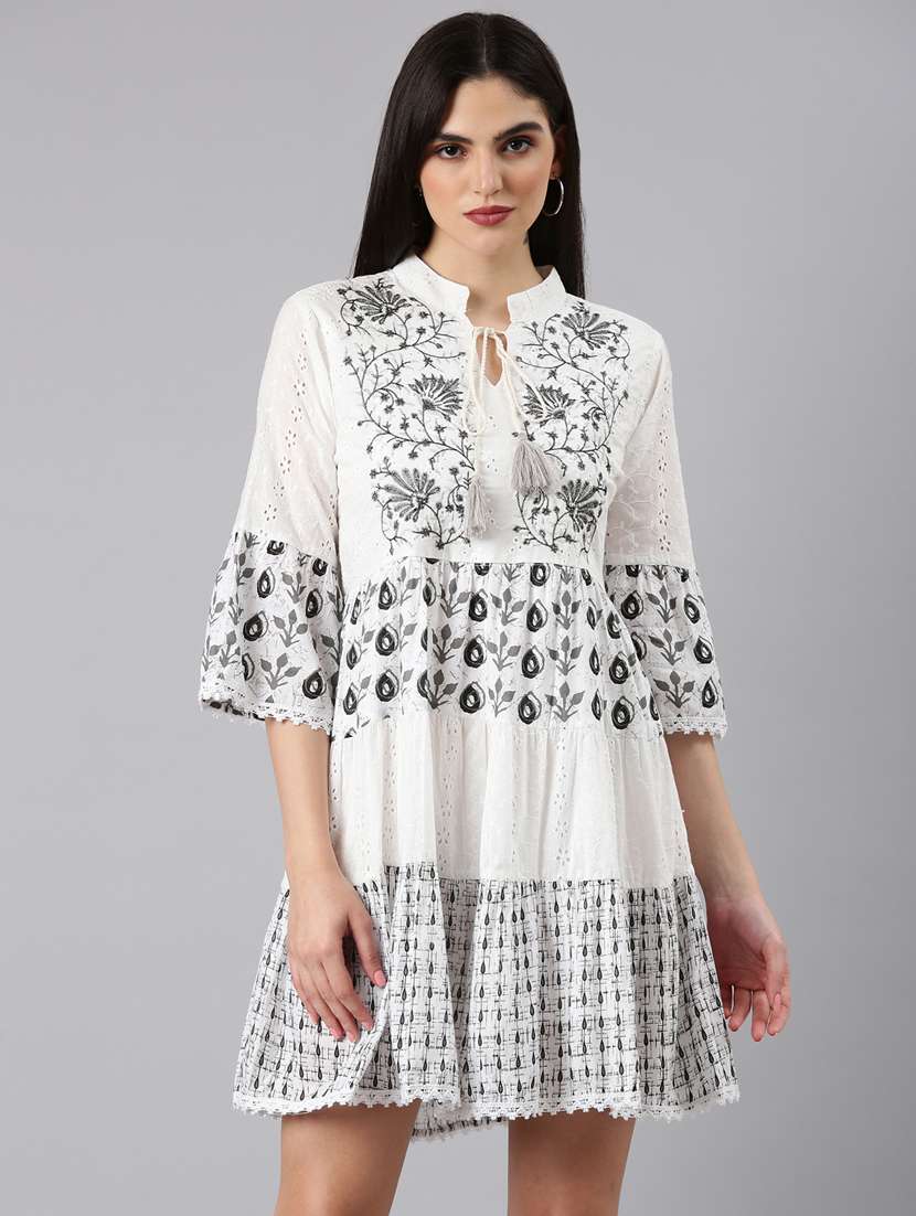 optic white schiffli work tiered dress