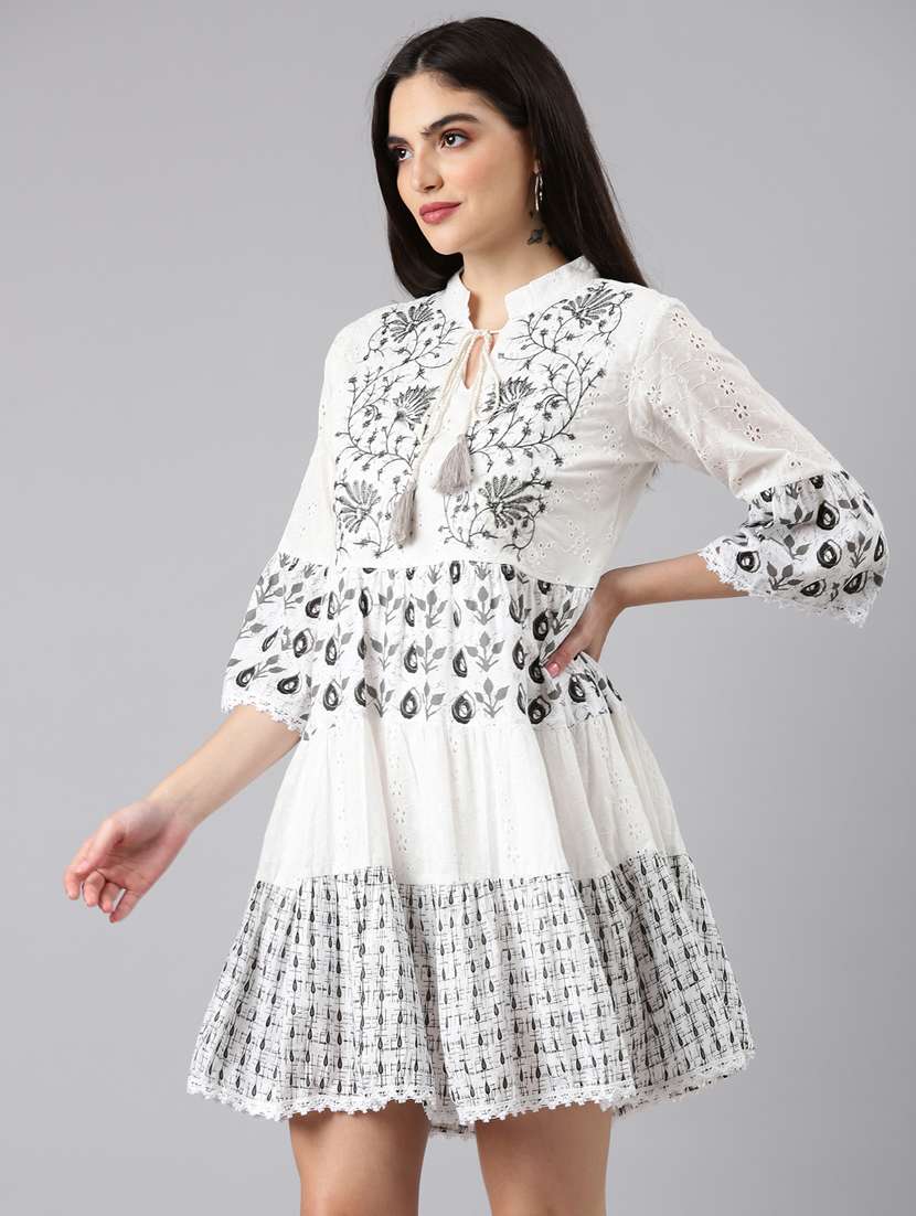 optic white schiffli work tiered dress - 20383520 -  Standard Image - 1
