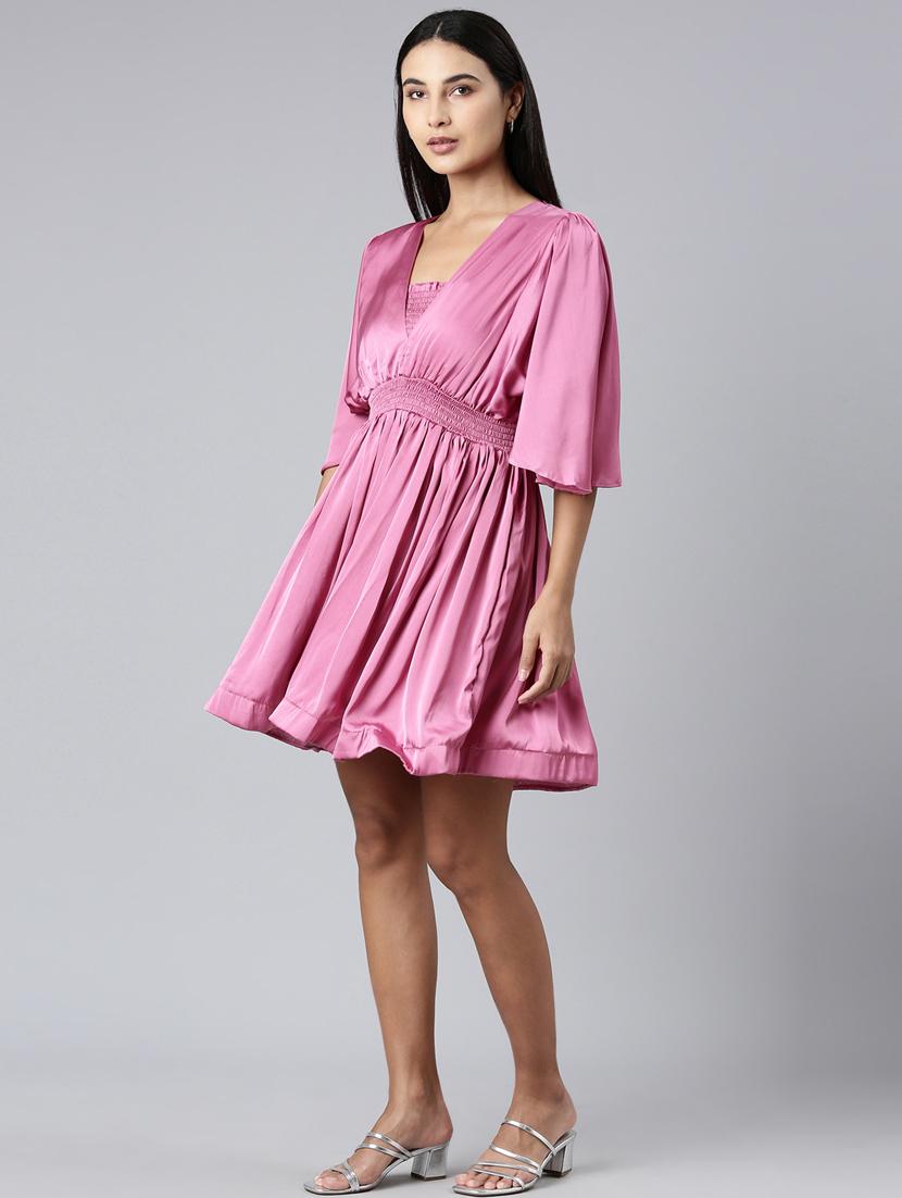 pink solid fit & flare dress - 20383521 -  Standard Image - 1
