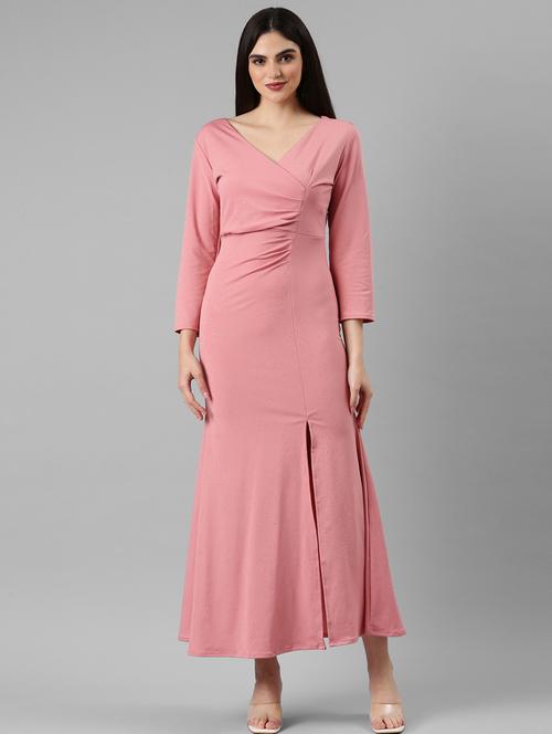 women peach cotton high slit dress - 20383523 - Standard Image - 0