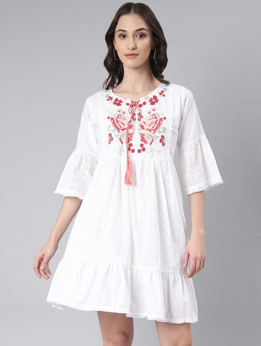 white solid with work empire line ethnic dress