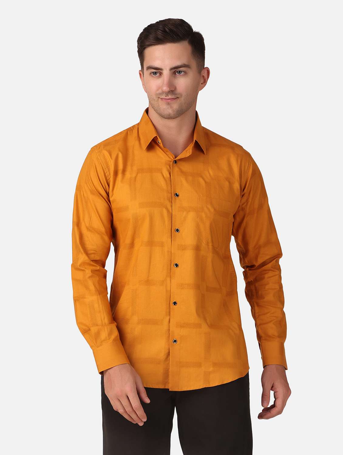 men mustard self design ormal shirt - 20383548 - Standard Image - 1