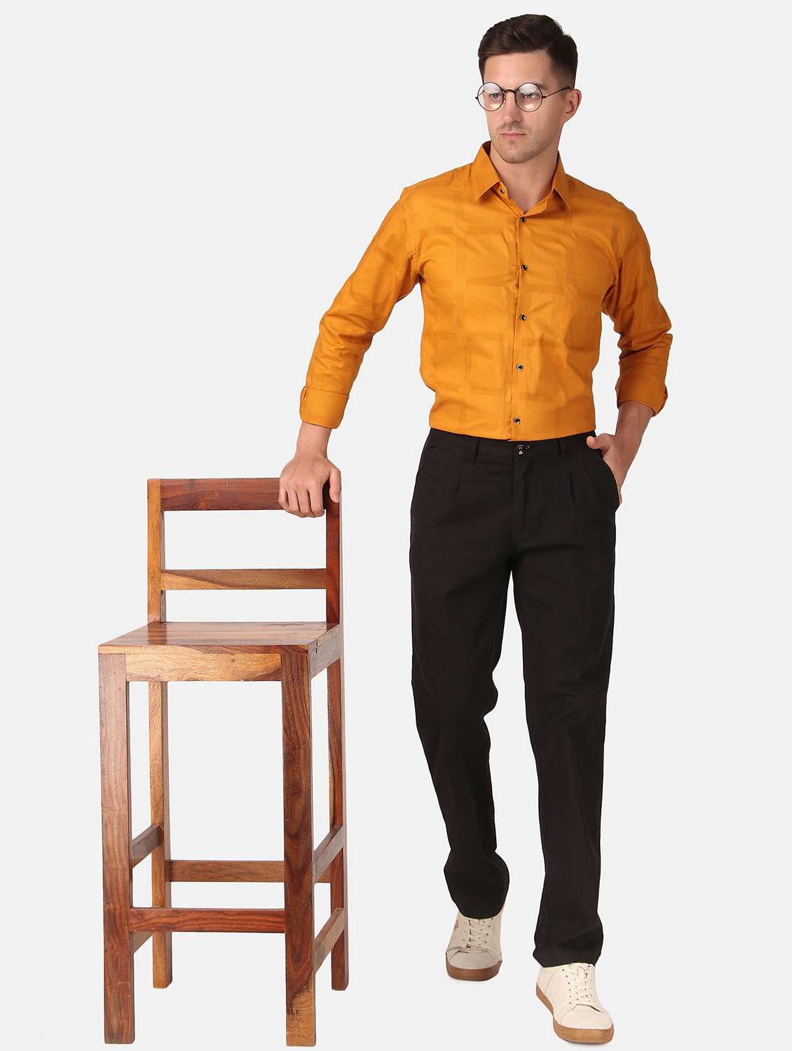 men mustard self design ormal shirt - 20383548 - Standard Image - 4