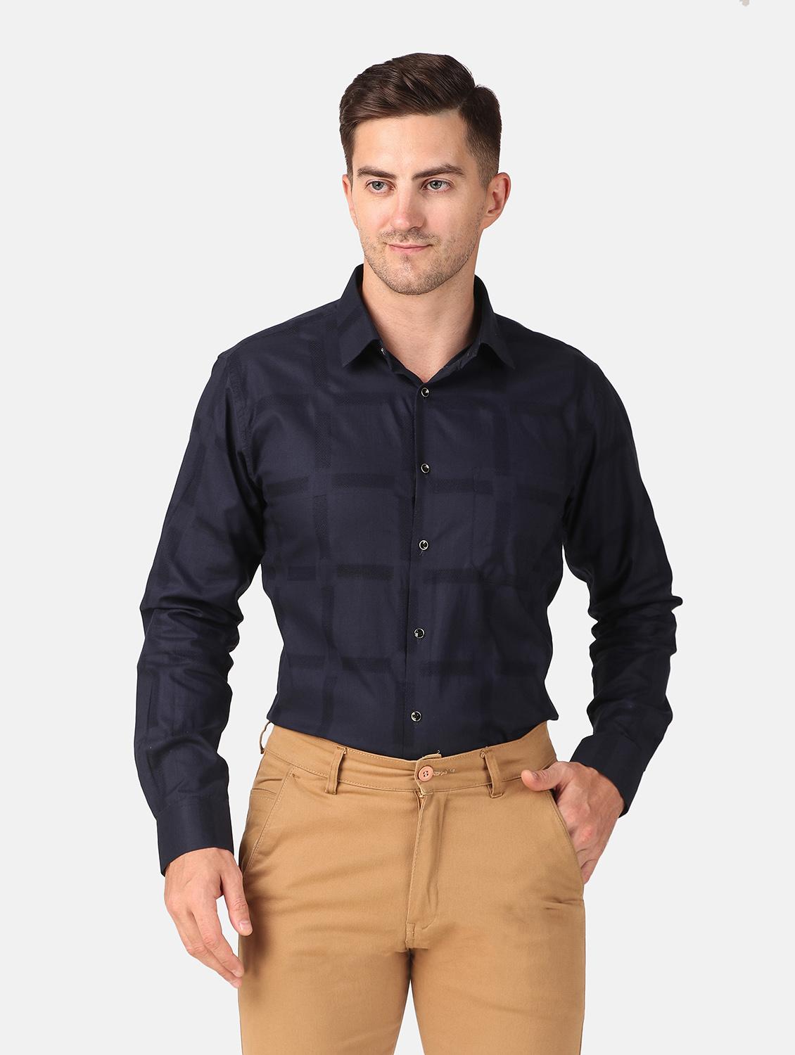 men navy blue self design slim fit cotton casual shirt - 20383552 - Standard Image - 1