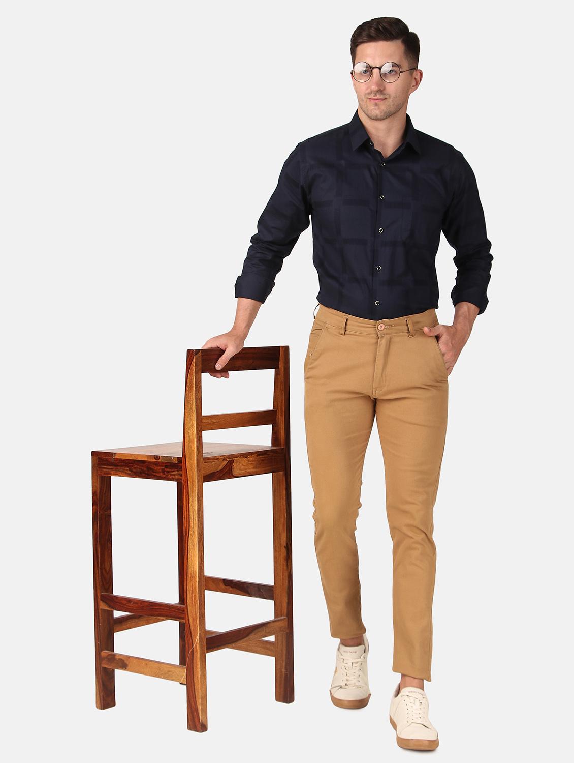 men navy blue self design slim fit cotton casual shirt - 20383552 - Standard Image - 4