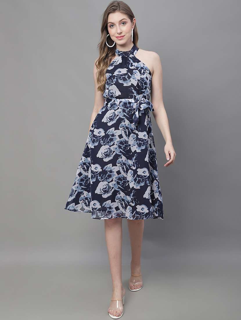 women multi color floral print georgette a-line dress