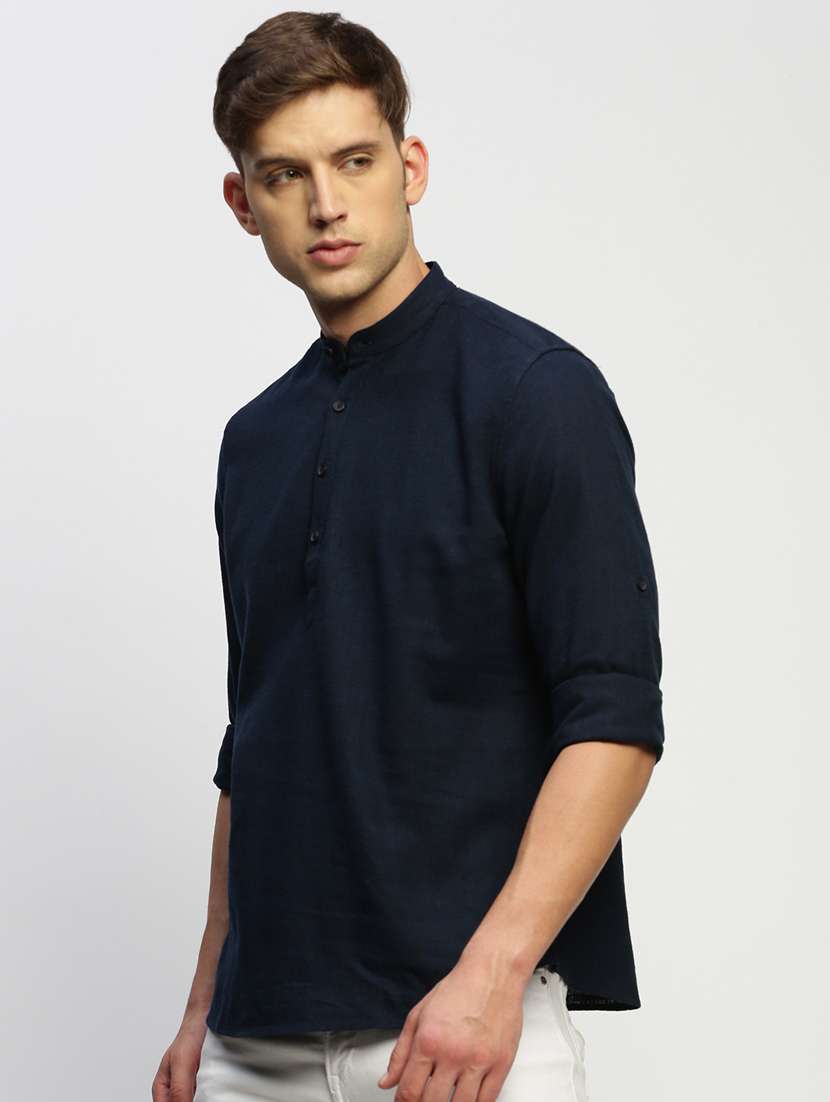 men navy blue slim fit cotton blend short kurta - 20383851 -  Standard Image - 1