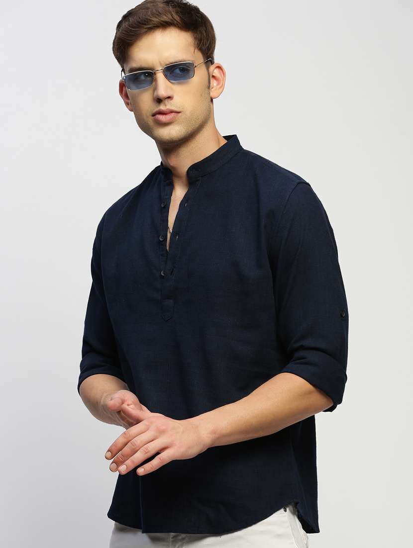 men navy blue slim fit cotton blend short kurta - 20383851 -  Standard Image - 4