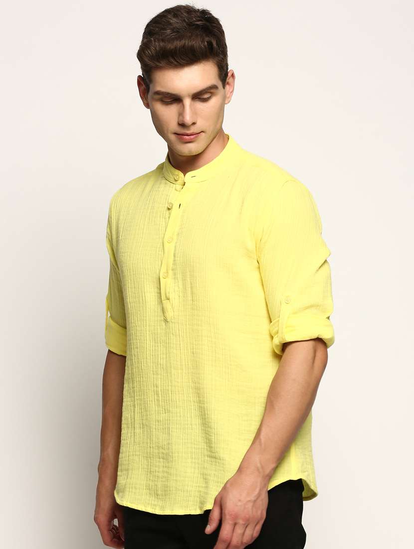 men solid yellow cotton blend short kurta - 20383852 -  Standard Image - 1