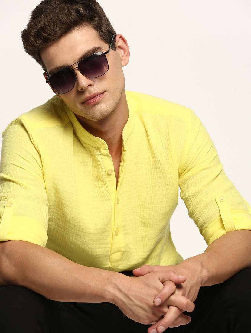 men solid yellow cotton blend short kurta - 20383852 -  Standard Image - 4