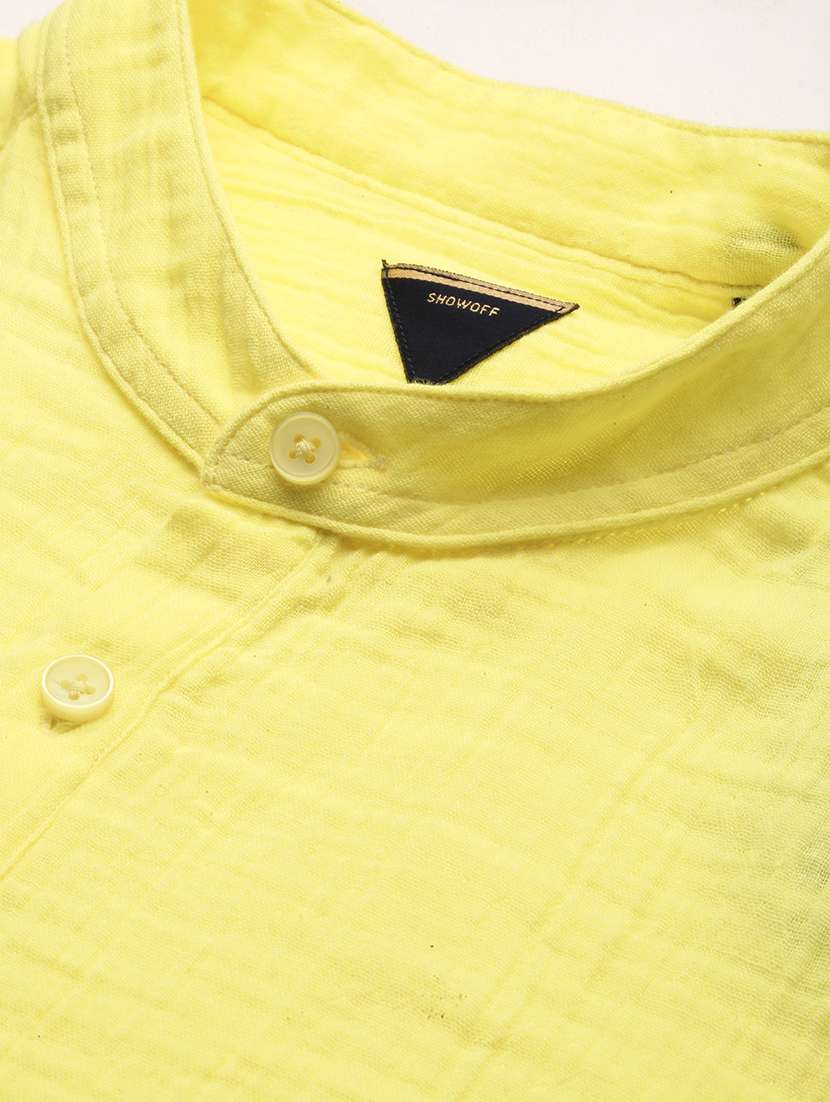 men solid yellow cotton blend short kurta - 20383852 -  Standard Image - 6