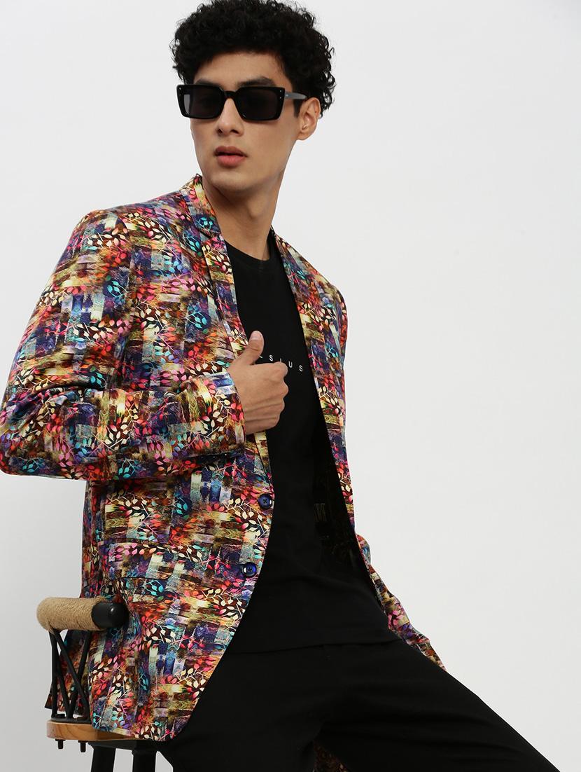 men multi colored printed cotton blend single breasted casual blazer - 20383862 - Standard Image - 4