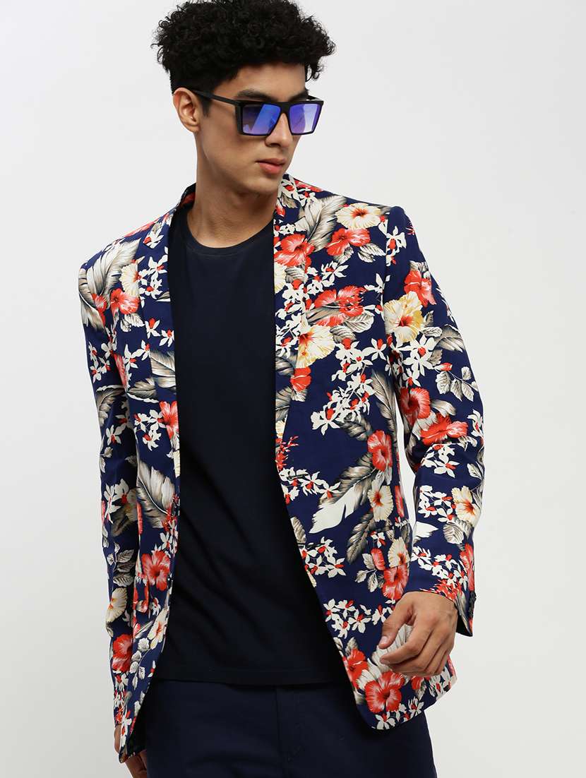 men navy blue floral printed single breasted casual blazer - 20383864 - Standard Image - 4