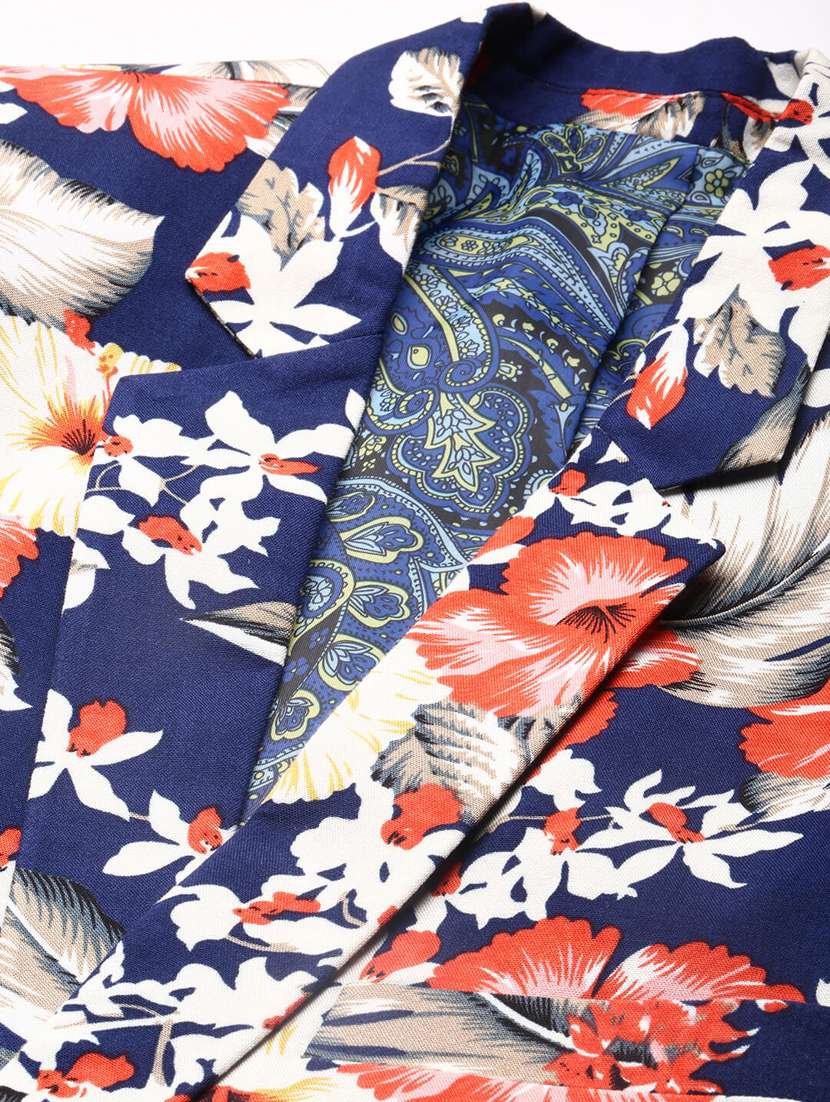 men navy blue floral printed single breasted casual blazer - 20383864 - Standard Image - 6