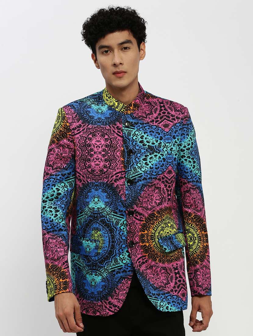men multi colored printed cotton blend single breasted casual blazer