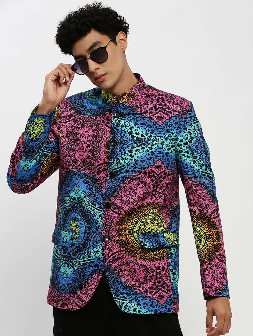 men multi colored printed cotton blend single breasted casual blazer - 20383865 -  Standard Image - 4