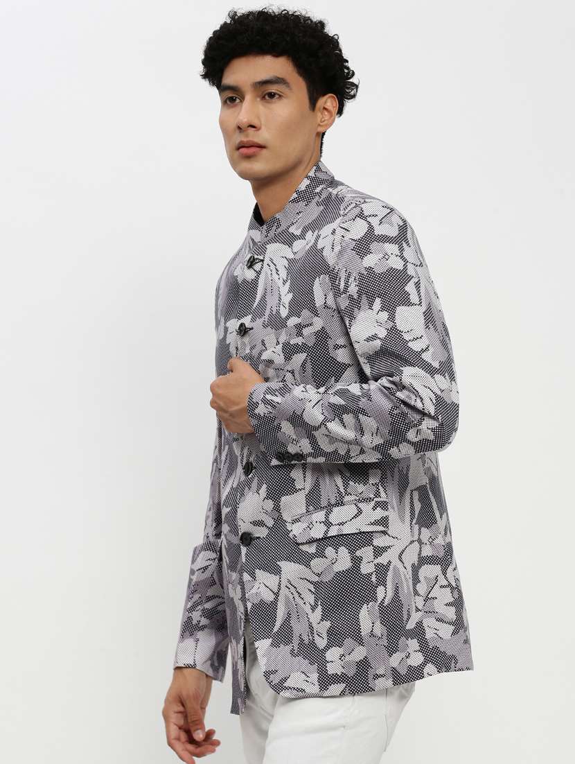 men grey printed cotton blend single breasted casual blazer - 20383869 -  Standard Image - 1