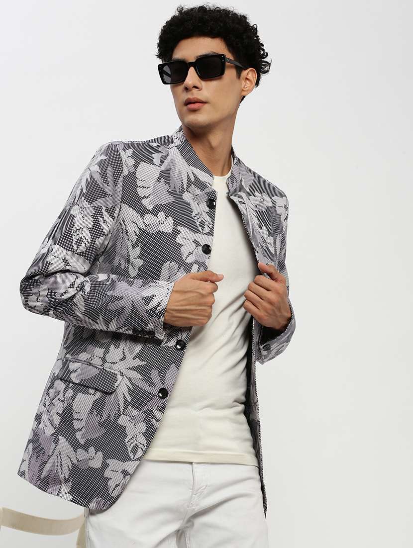 men grey printed cotton blend single breasted casual blazer - 20383869 -  Standard Image - 4