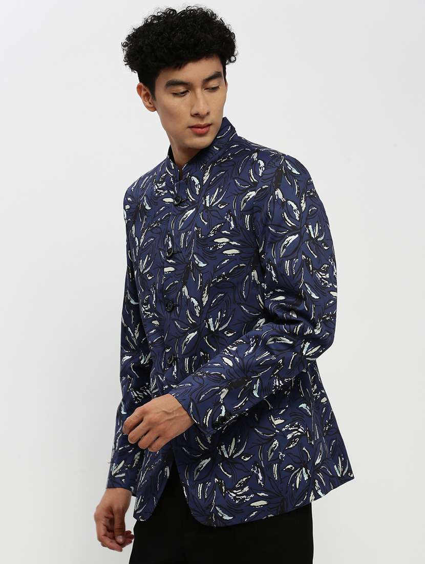 men navy blue tropical print single breasted casual blazer - 20383871 -  Standard Image - 1