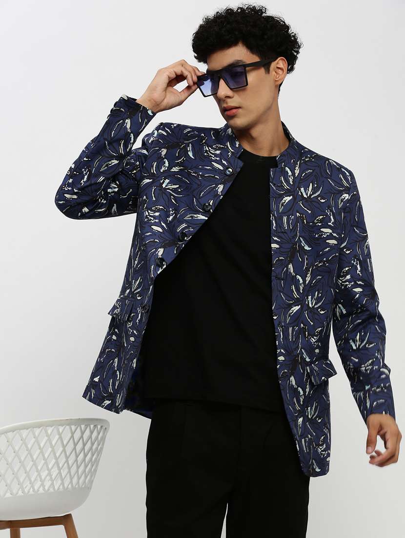 men navy blue tropical print single breasted casual blazer - 20383871 -  Standard Image - 4