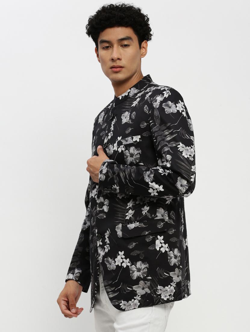 men floral printed black cotton blend bandhgalas casual blazer - 20383872 - Standard Image - 1