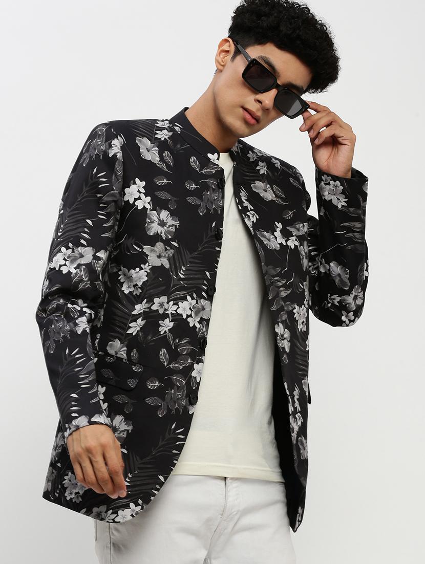 men floral printed black cotton blend bandhgalas casual blazer - 20383872 - Standard Image - 4