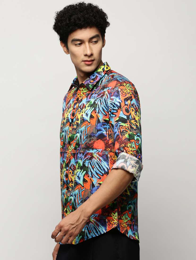 men multi colored graphic print slim fit cotton blend casual shirt - 20383924 -  Standard Image - 1