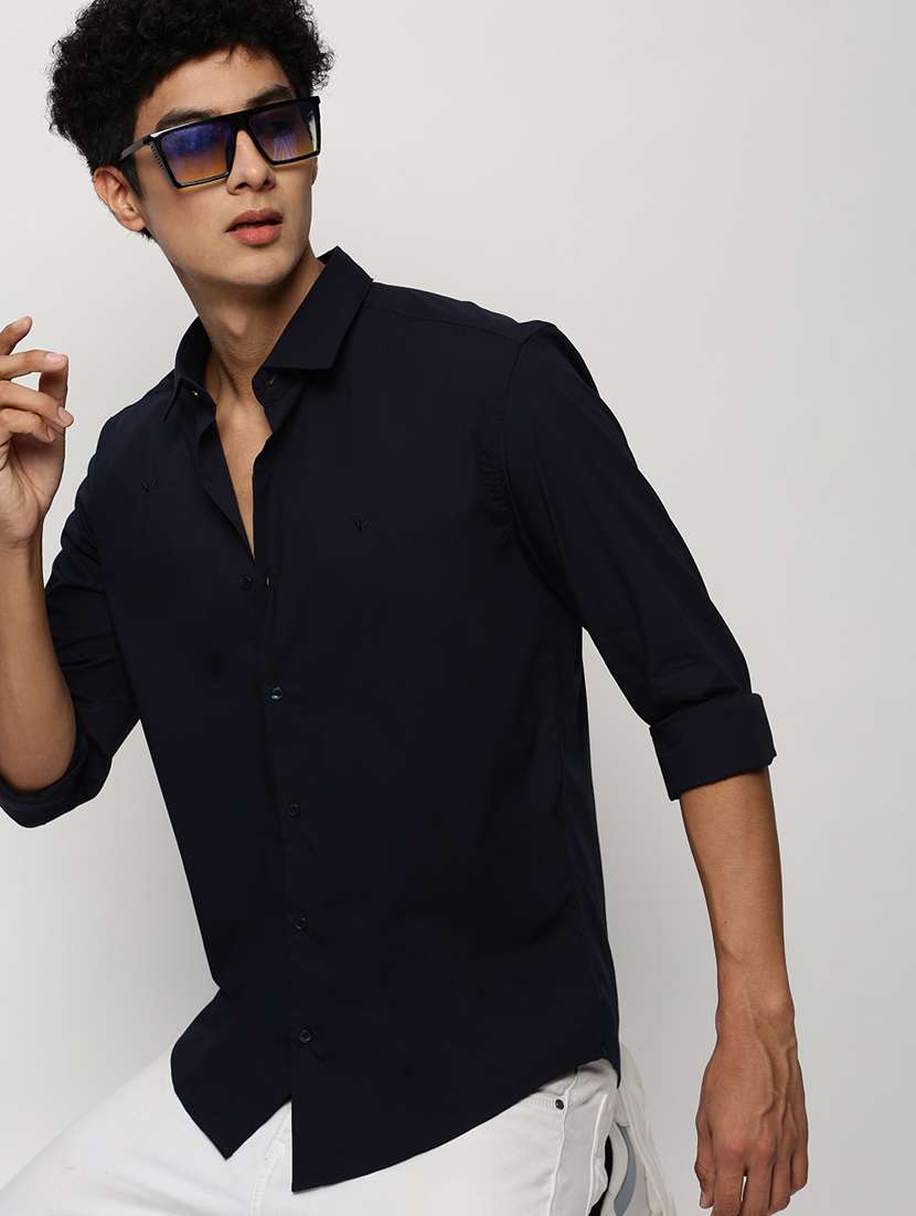men solid navy blue cotton blend casual shirt - 20383930 -  Standard Image - 4