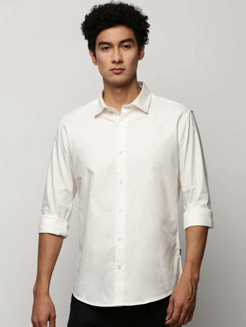 men white solid cotton blend casual shirt