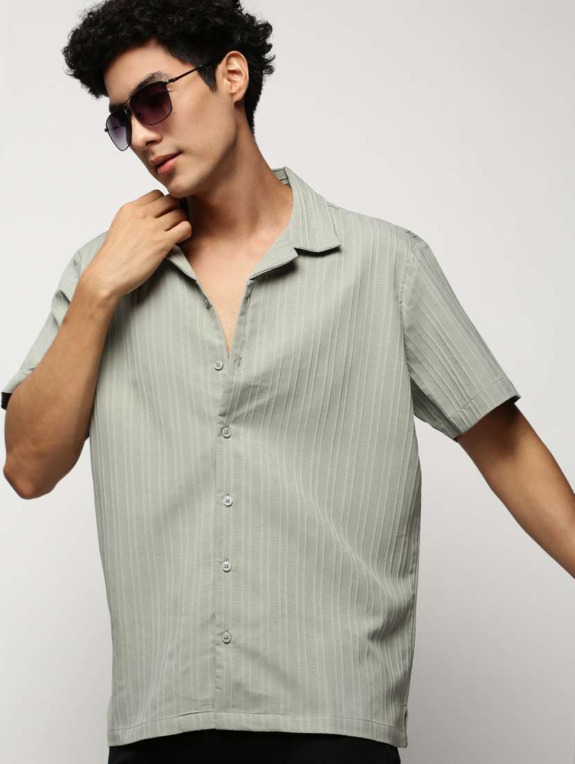 men sea green self design cotton blend casual shirt - 20383938 -  Standard Image - 4