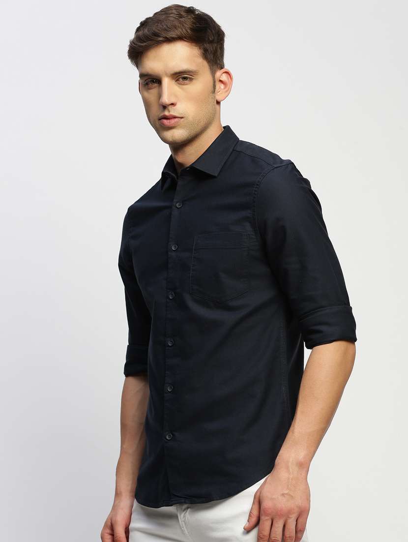 men solid navy blue slim fit cotton blend casual shirt - 20383944 -  Standard Image - 1