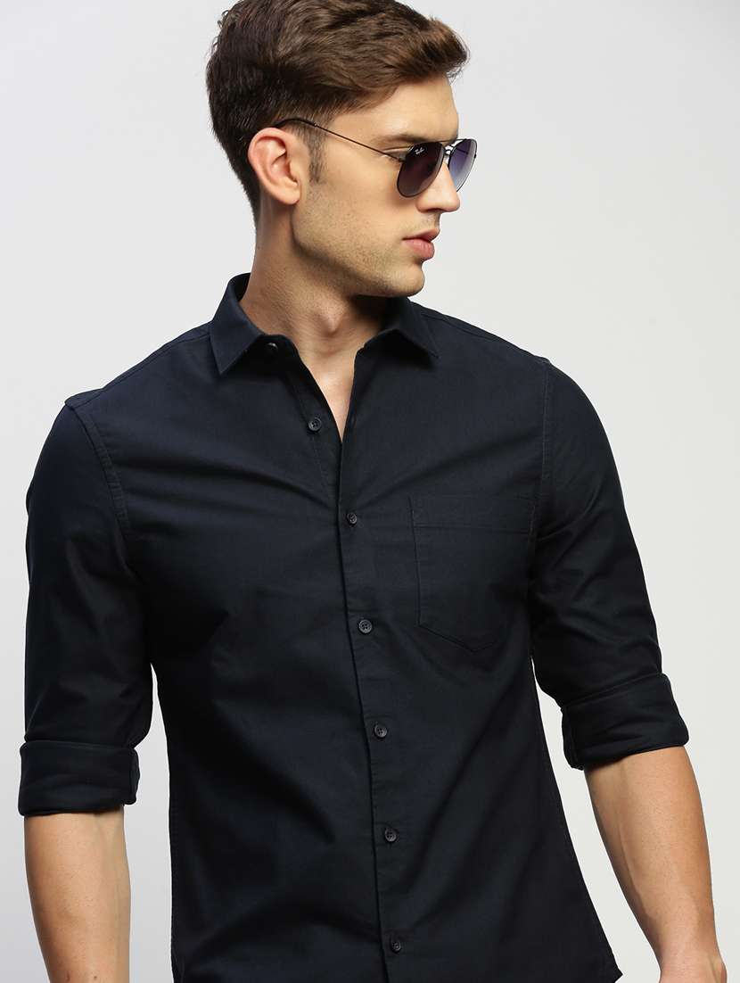 men solid navy blue slim fit cotton blend casual shirt - 20383944 -  Standard Image - 4