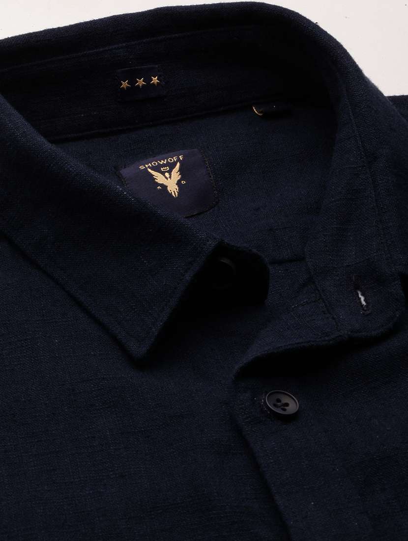 men solid navy blue slim fit cotton blend casual shirt - 20383944 -  Standard Image - 6