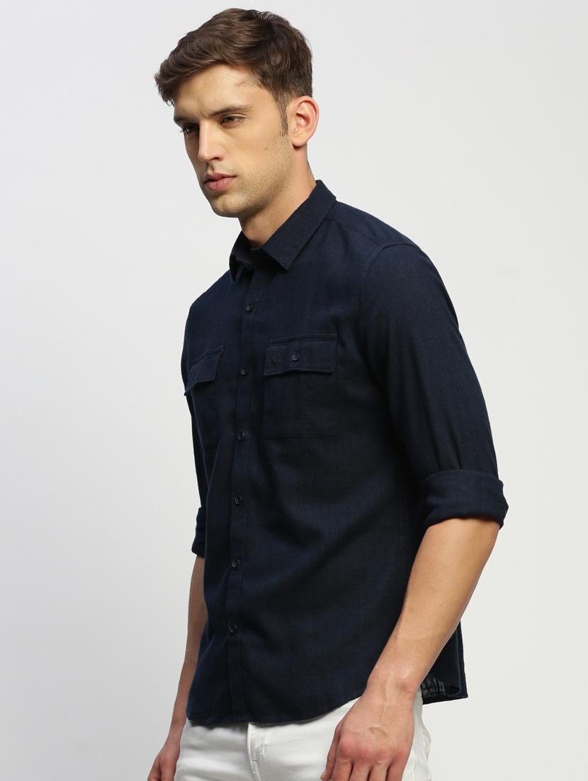 men navy blue solid cotton blend casual shirt - 20383946 - Standard Image - 1