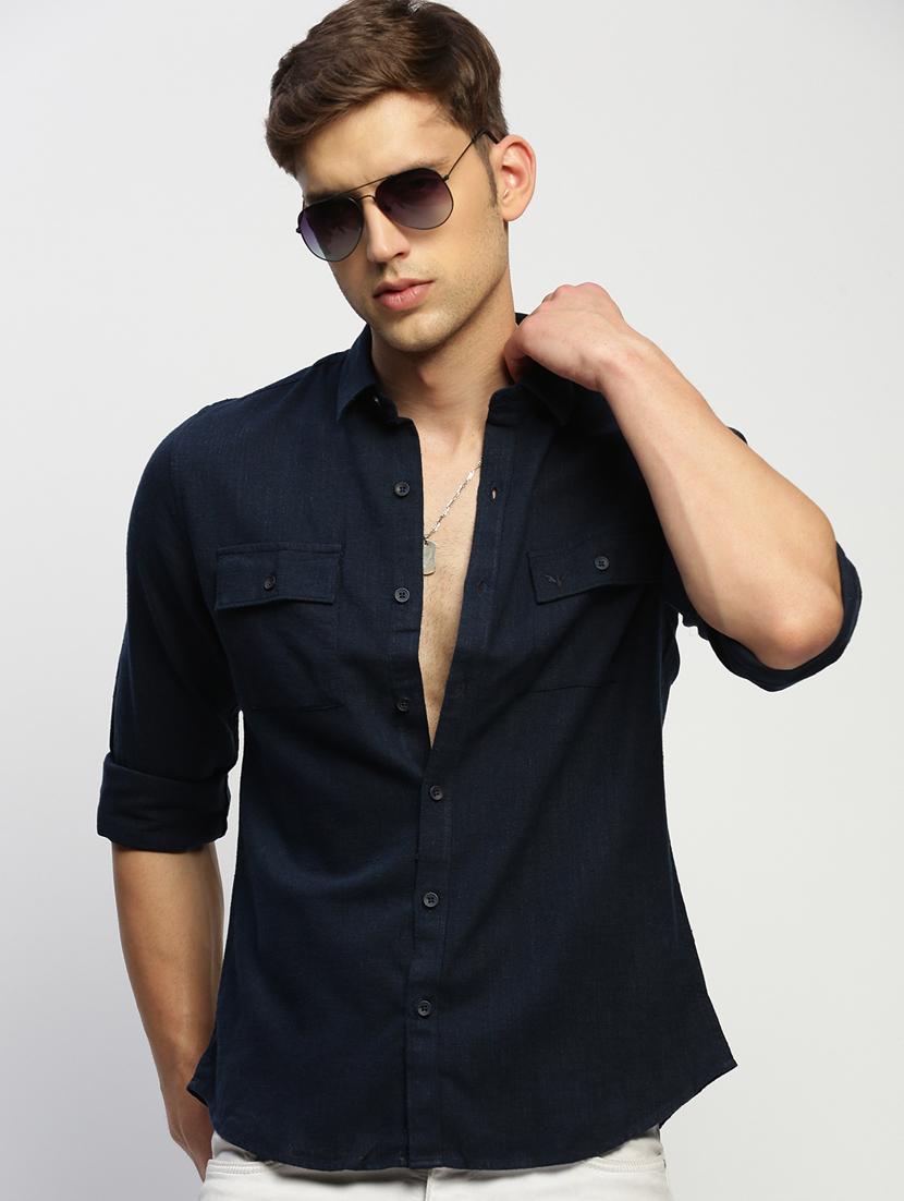 men navy blue solid cotton blend casual shirt - 20383946 - Standard Image - 4