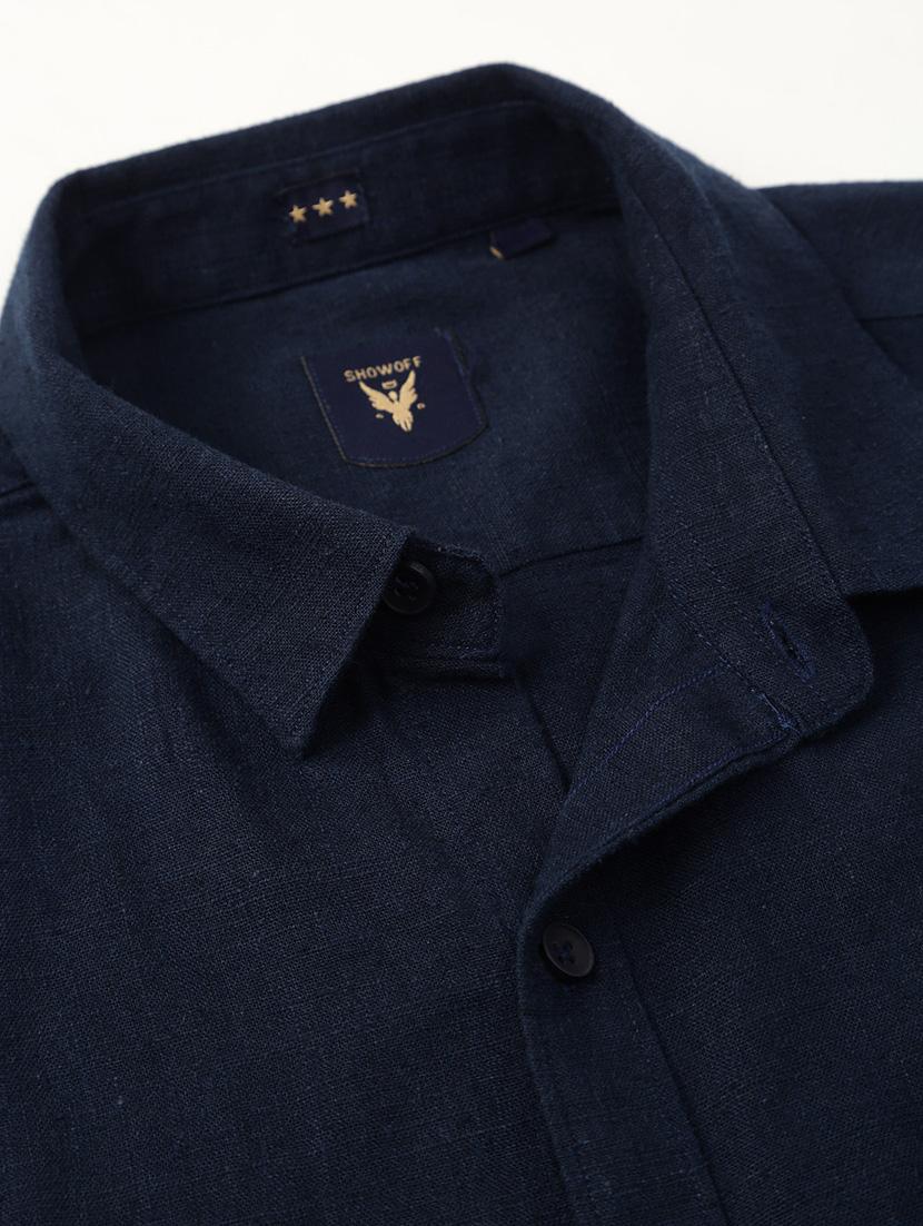 men navy blue solid cotton blend casual shirt - 20383946 - Standard Image - 6