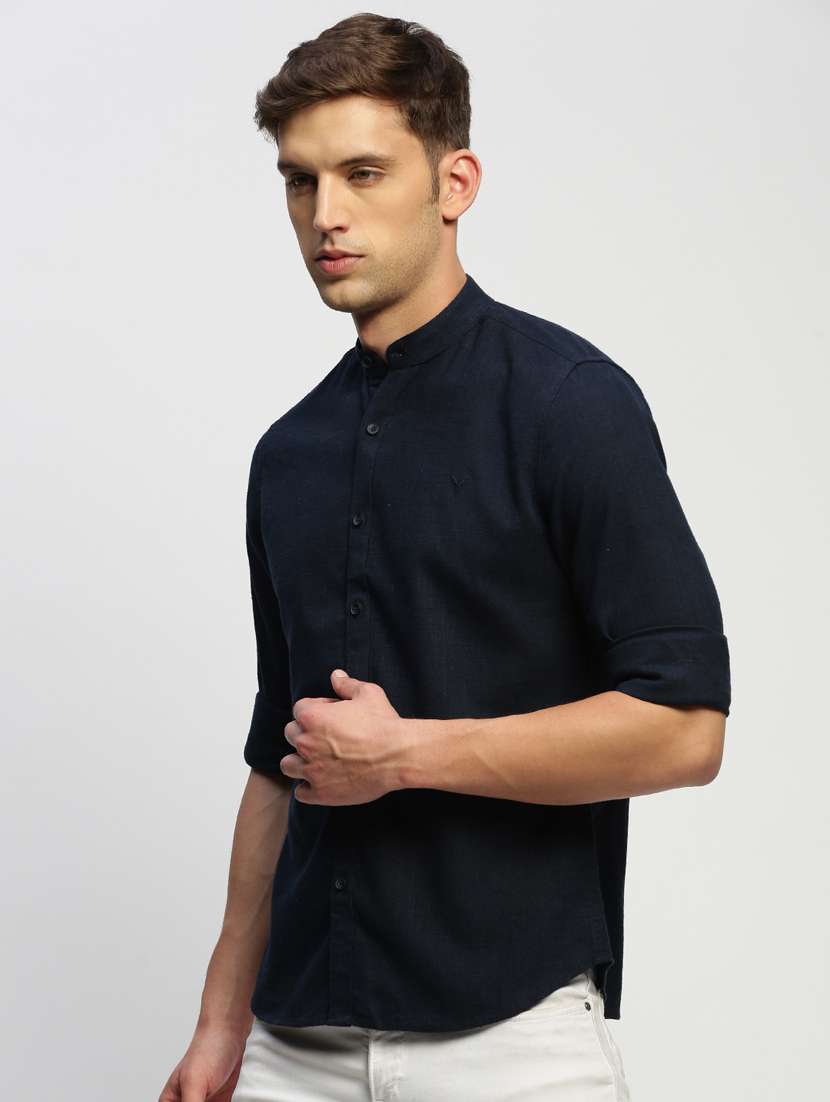 men navy blue solid cotton blend casual shirt - 20383951 - Standard Image - 1