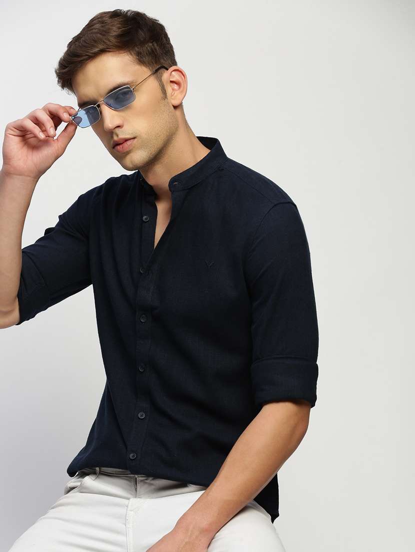 men navy blue solid cotton blend casual shirt - 20383951 - Standard Image - 4