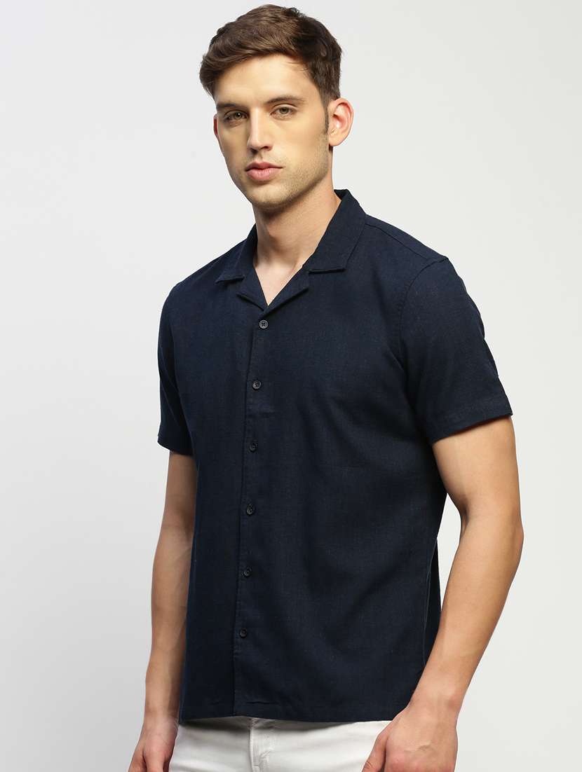 men navy blue solid cotton blend casual shirt - 20383954 -  Standard Image - 1