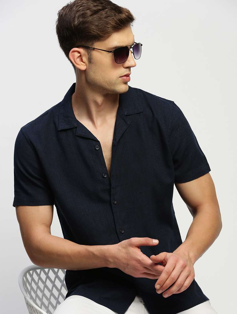 men navy blue solid cotton blend casual shirt - 20383954 -  Standard Image - 4