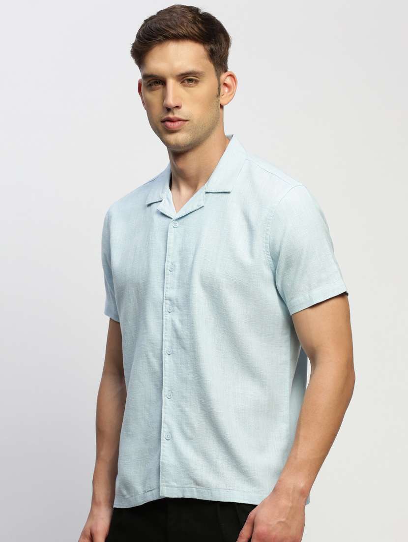 men purist blue solid cuban collar cotton blend casual shirt - 20383959 -  Standard Image - 1