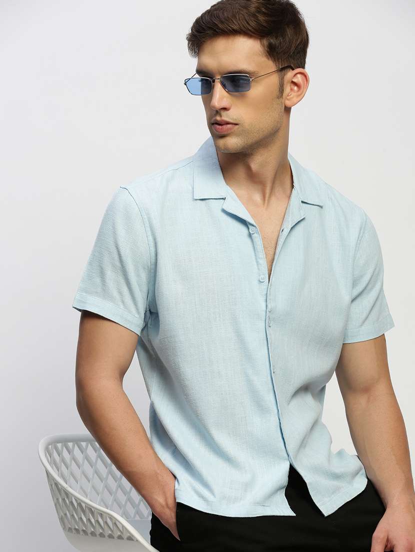 men purist blue solid cuban collar cotton blend casual shirt - 20383959 -  Standard Image - 4