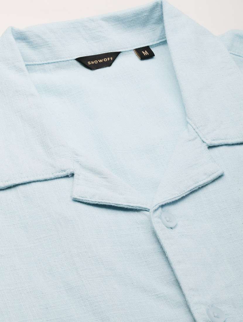 men purist blue solid cuban collar cotton blend casual shirt - 20383959 -  Standard Image - 6
