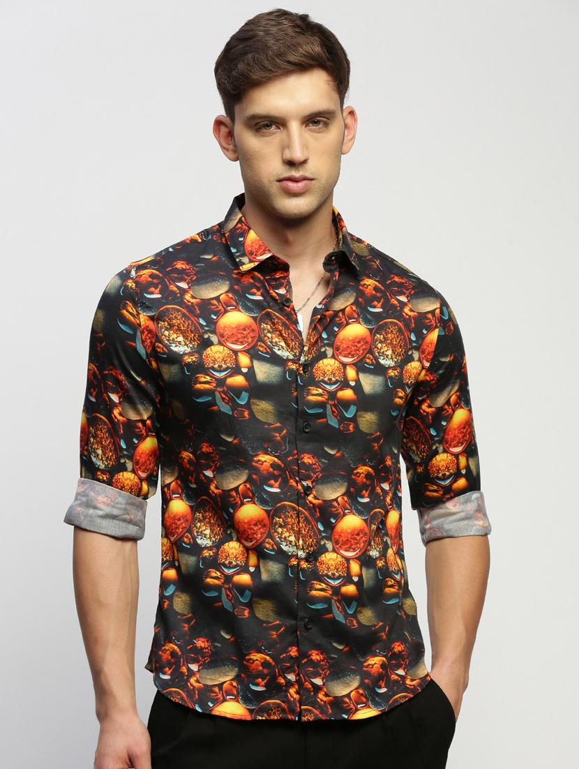 men black abstract print cotton blend casual shirt