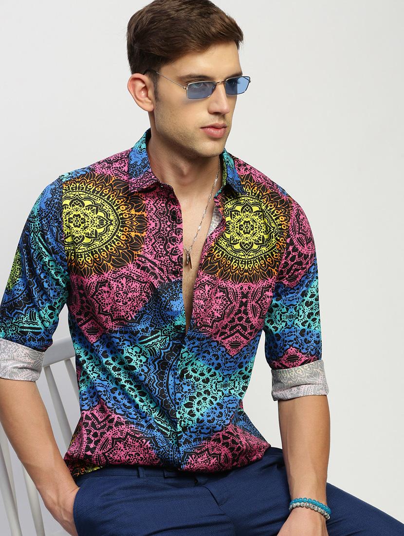 men multi colored printed slim fit cotton blend casual shirt - 20383967 - Standard Image - 4