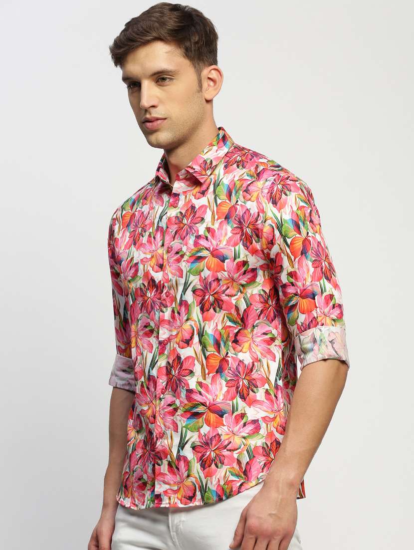 men pink floral print cotton blend casual shirt - 20383969 -  Standard Image - 1