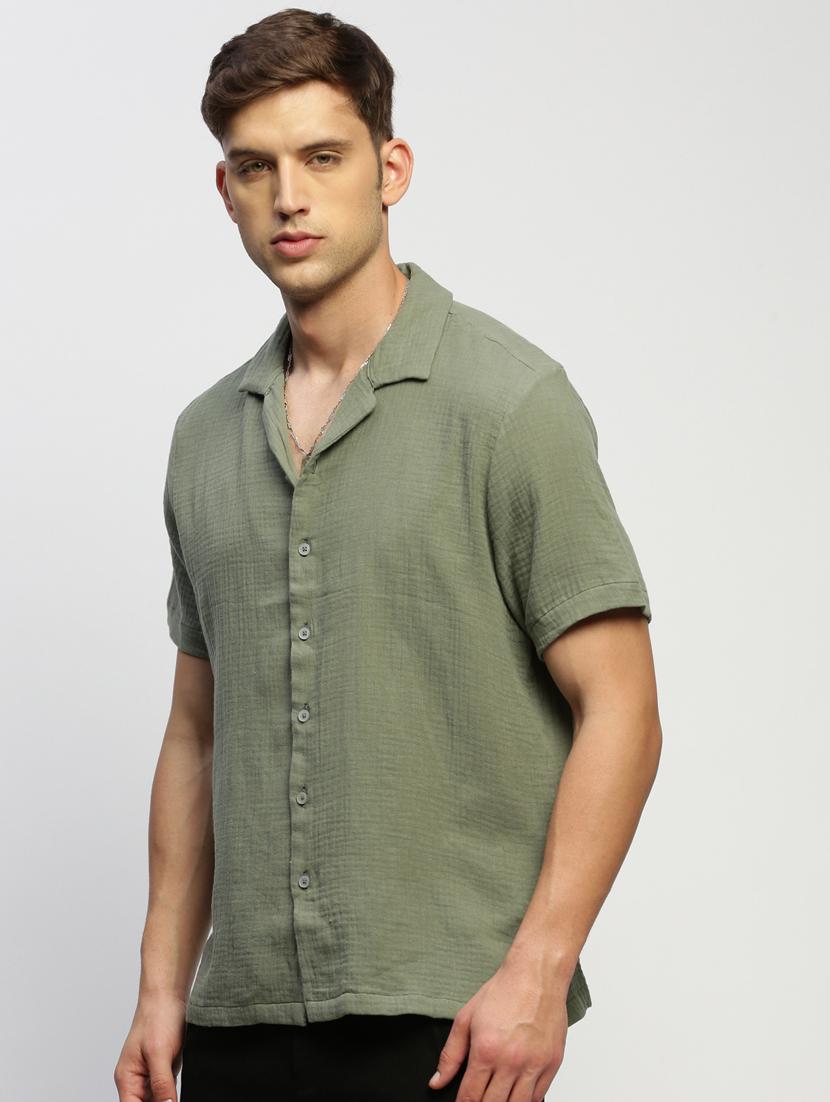 men olive cotton blend casual shirt - 20383975 -  Standard Image - 1