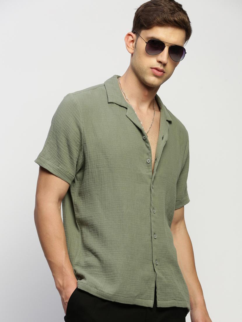men olive cotton blend casual shirt - 20383975 - Standard Image - 4