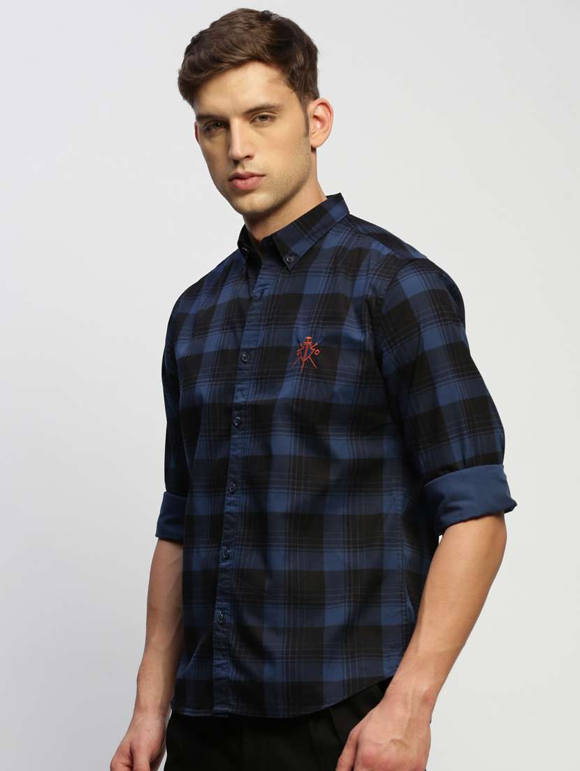 men navy blue checkered cotton blend casual shirt - 20383985 -  Standard Image - 1
