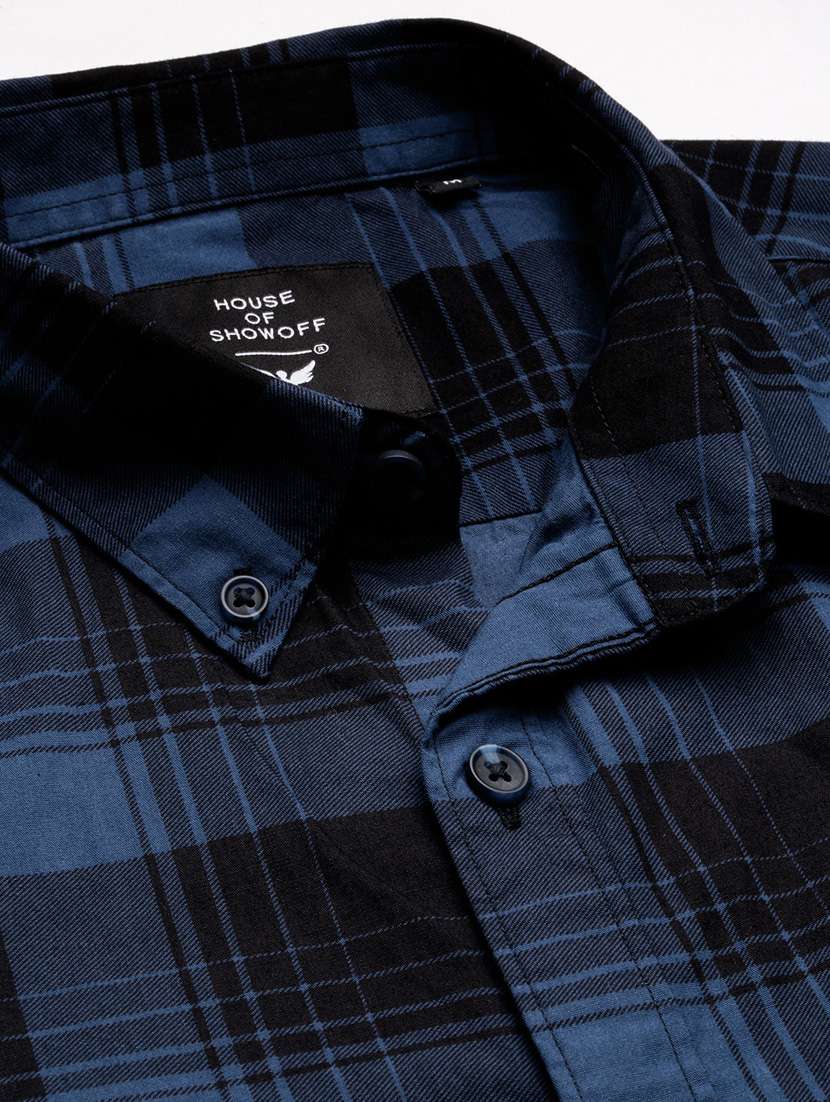 men navy blue checkered cotton blend casual shirt - 20383985 -  Standard Image - 6